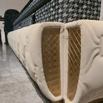 Cream Quilted Upholstered Bed with Patterned Stitching & Gold Stainless Steel Accents